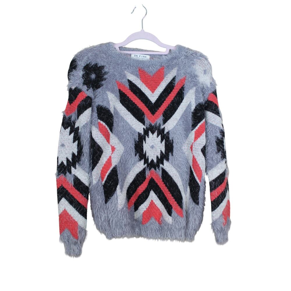On Fire American Brand Gray Black Red Aztec Pattern Long Sleeve Sweater Size‎ M